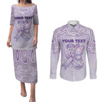 Personalised Epilepsy Awareness Alphabet Couples Matching Puletasi and Long Sleeve Button Shirt Purple Ribbon Butterfly Cute Style