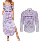 Personalised Epilepsy Awareness Alphabet Couples Matching Summer Maxi Dress and Long Sleeve Button Shirt Purple Ribbon Butterfly Cute Style