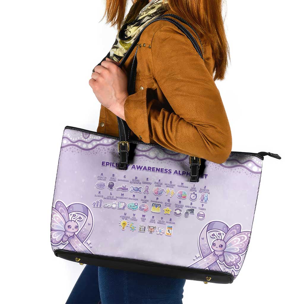 Epilepsy Awareness Alphabet Leather Tote Bag Purple Ribbon Butterfly Cute Style