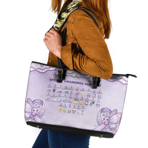 Epilepsy Awareness Alphabet Leather Tote Bag Purple Ribbon Butterfly Cute Style