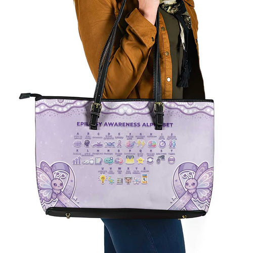 Epilepsy Awareness Alphabet Leather Tote Bag Purple Ribbon Butterfly Cute Style