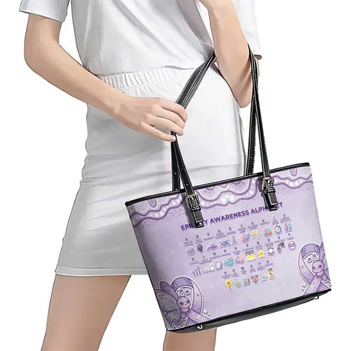 Epilepsy Awareness Alphabet Leather Tote Bag Purple Ribbon Butterfly Cute Style