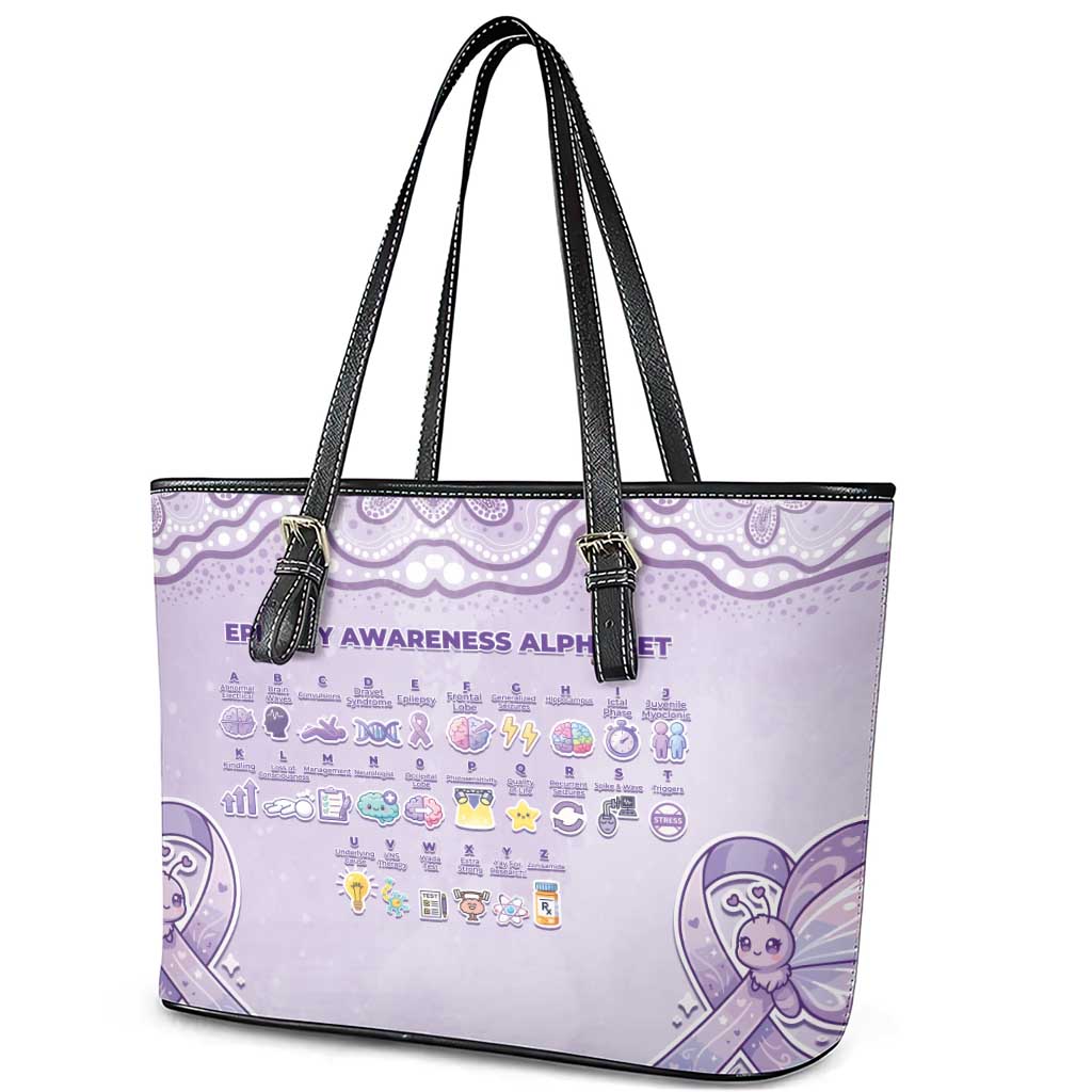 Epilepsy Awareness Alphabet Leather Tote Bag Purple Ribbon Butterfly Cute Style