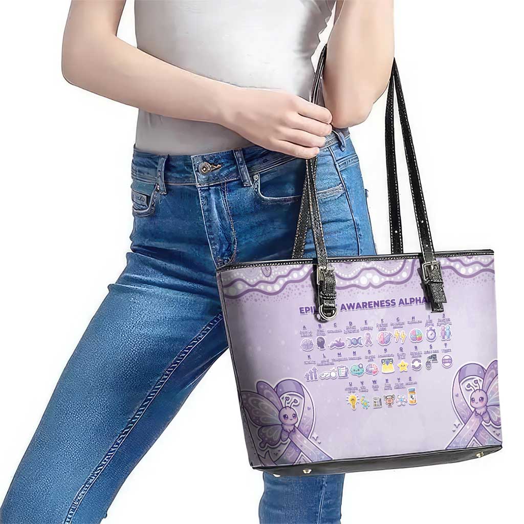 Epilepsy Awareness Alphabet Leather Tote Bag Purple Ribbon Butterfly Cute Style