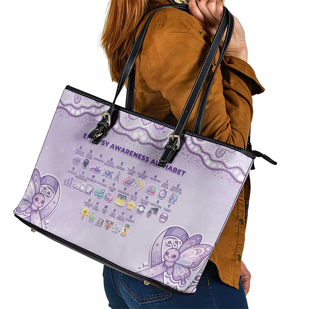 Epilepsy Awareness Alphabet Leather Tote Bag Purple Ribbon Butterfly Cute Style