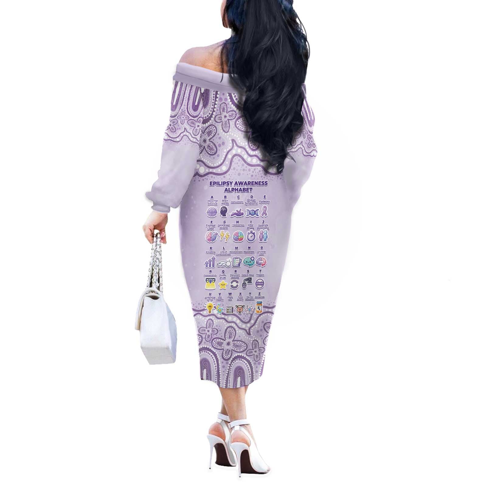 Personalised Epilepsy Awareness Alphabet Off The Shoulder Long Sleeve Dress Purple Ribbon Butterfly Cute Style