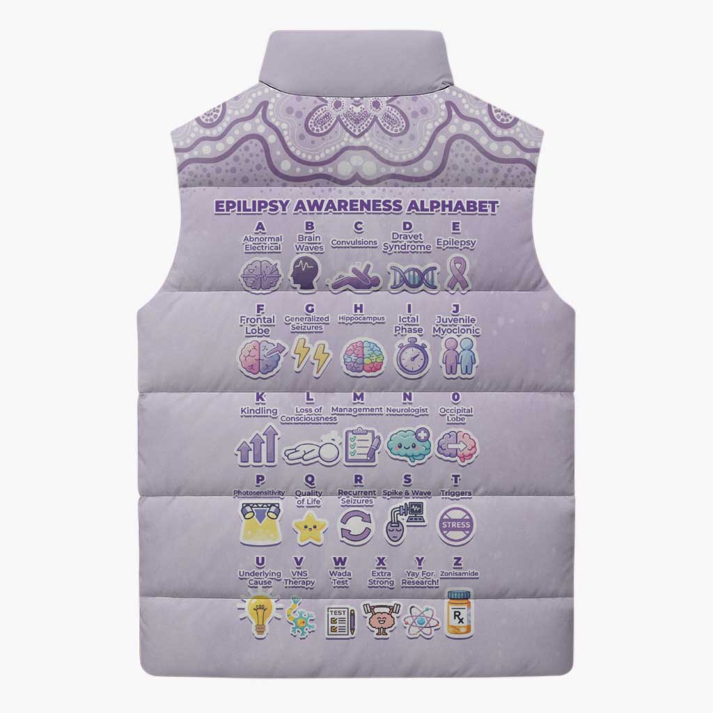 Personalised Epilepsy Awareness Alphabet Sleeveless Puffer Jacket Purple Ribbon Butterfly Cute Style