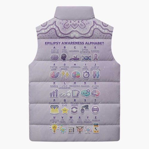Personalised Epilepsy Awareness Alphabet Sleeveless Puffer Jacket Purple Ribbon Butterfly Cute Style