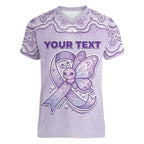 Personalised Epilepsy Awareness Alphabet Women V-Neck T-Shirt Purple Ribbon Butterfly Cute Style