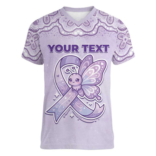 Personalised Epilepsy Awareness Alphabet Women V-Neck T-Shirt Purple Ribbon Butterfly Cute Style