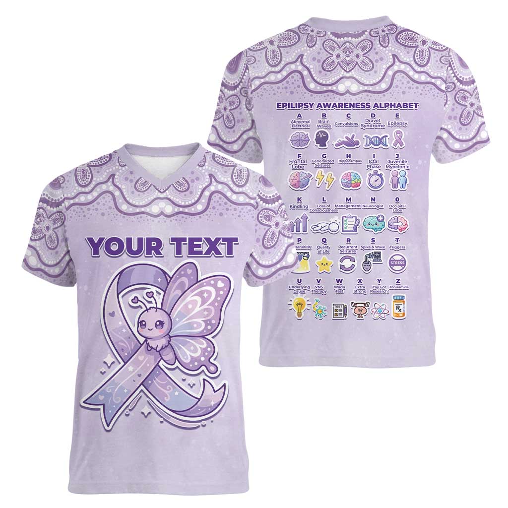 Personalised Epilepsy Awareness Alphabet Women V-Neck T-Shirt Purple Ribbon Butterfly Cute Style