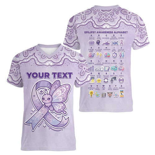 Personalised Epilepsy Awareness Alphabet Women V-Neck T-Shirt Purple Ribbon Butterfly Cute Style