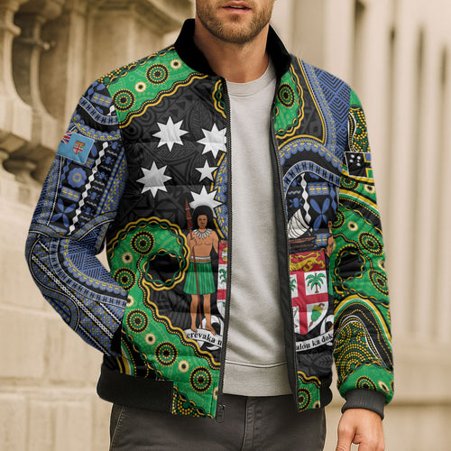 South Sea Islanders And Fiji Bomber Puffer Jacket Fijian Coat Of Arms And Southern Cross