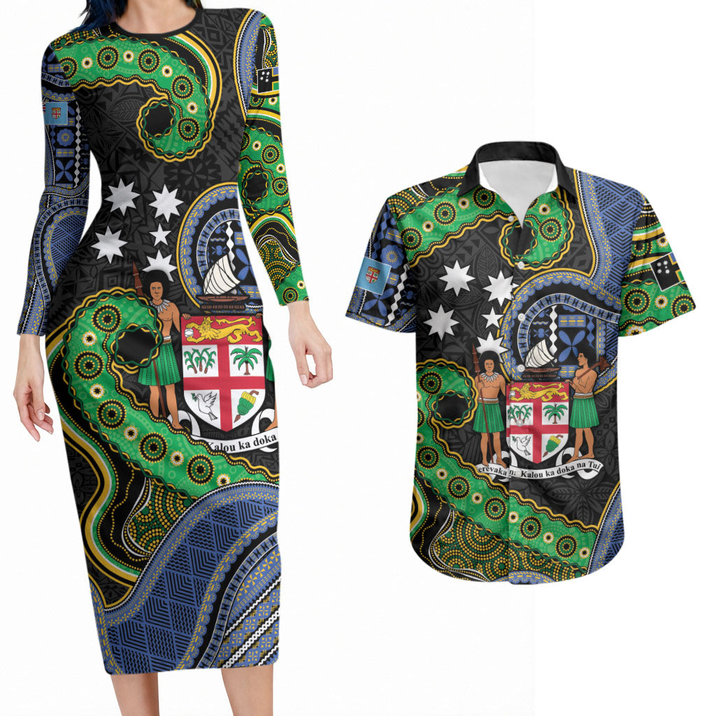South Sea Islanders And Fiji Couples Matching Long Sleeve Bodycon Dress and Hawaiian Shirt Fijian Coat Of Arms And Southern Cross