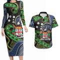 South Sea Islanders And Fiji Couples Matching Long Sleeve Bodycon Dress and Hawaiian Shirt Fijian Coat Of Arms And Southern Cross