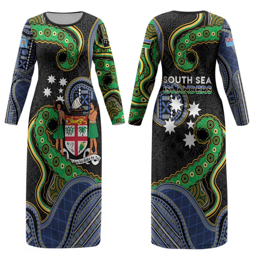 South Sea Islanders And Fiji Couples Matching Long Sleeve Bodycon Dress and Hawaiian Shirt Fijian Coat Of Arms And Southern Cross