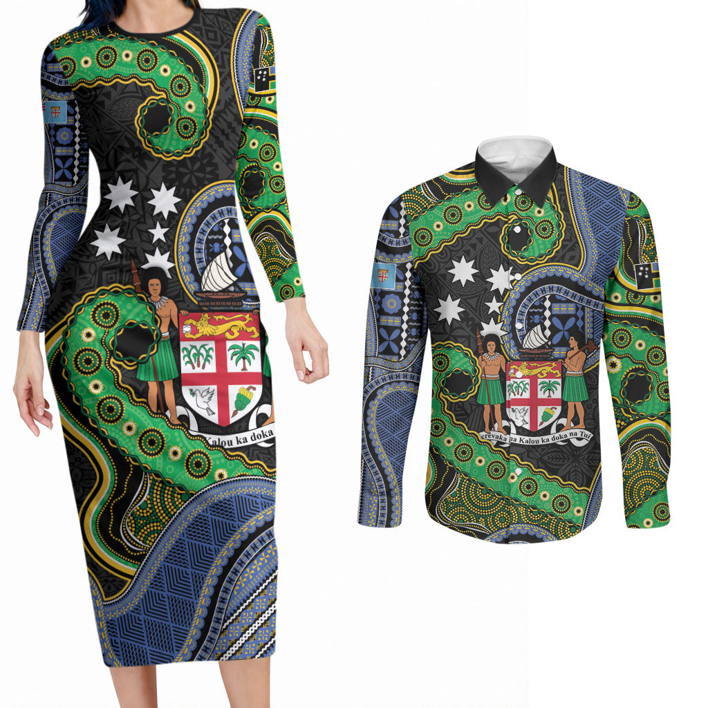 South Sea Islanders And Fiji Couples Matching Long Sleeve Bodycon Dress and Long Sleeve Button Shirt Fijian Coat Of Arms And Southern Cross