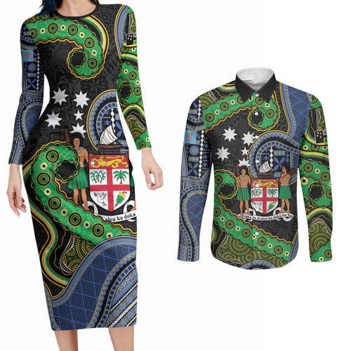 South Sea Islanders And Fiji Couples Matching Long Sleeve Bodycon Dress and Long Sleeve Button Shirt Fijian Coat Of Arms And Southern Cross