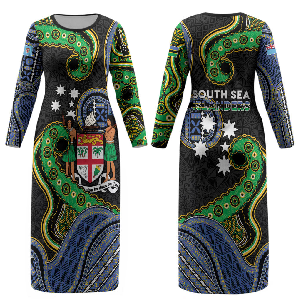 South Sea Islanders And Fiji Couples Matching Long Sleeve Bodycon Dress and Long Sleeve Button Shirt Fijian Coat Of Arms And Southern Cross