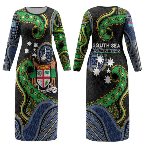 South Sea Islanders And Fiji Couples Matching Long Sleeve Bodycon Dress and Long Sleeve Button Shirt Fijian Coat Of Arms And Southern Cross