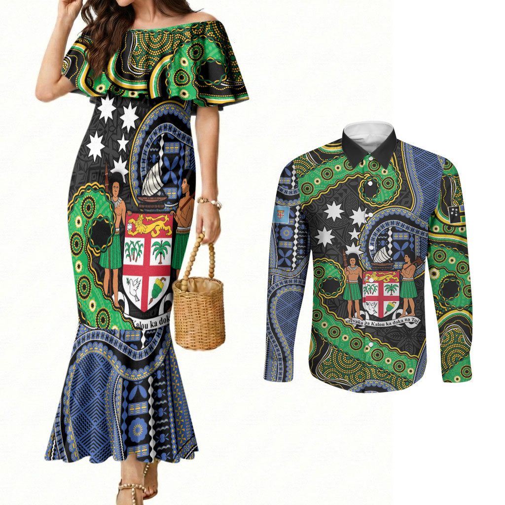 South Sea Islanders And Fiji Couples Matching Mermaid Dress and Long Sleeve Button Shirt Fijian Coat Of Arms And Southern Cross