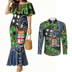 South Sea Islanders And Fiji Couples Matching Mermaid Dress and Long Sleeve Button Shirt Fijian Coat Of Arms And Southern Cross