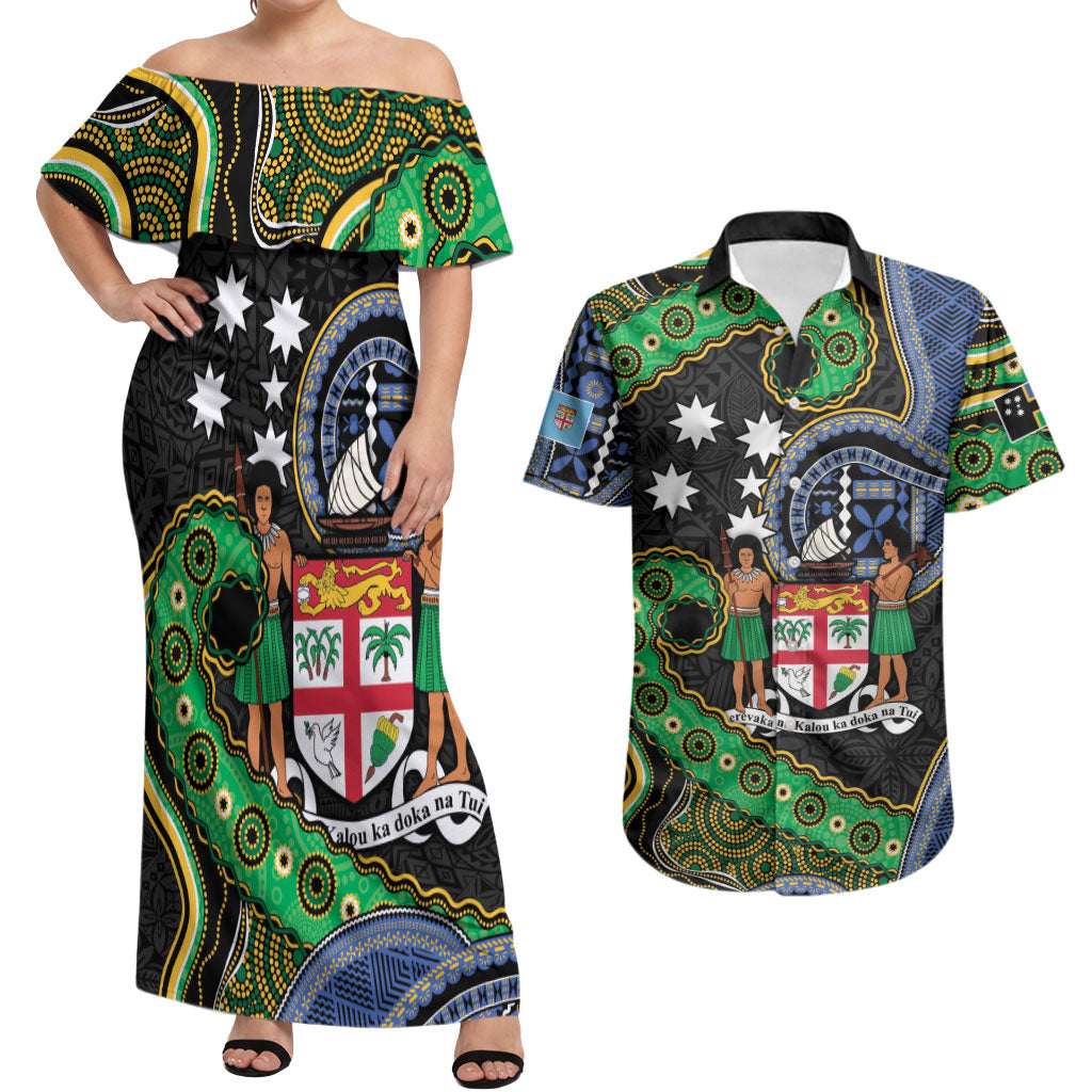 South Sea Islanders And Fiji Couples Matching Off Shoulder Maxi Dress and Hawaiian Shirt Fijian Coat Of Arms And Southern Cross