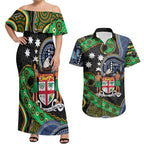 South Sea Islanders And Fiji Couples Matching Off Shoulder Maxi Dress and Hawaiian Shirt Fijian Coat Of Arms And Southern Cross