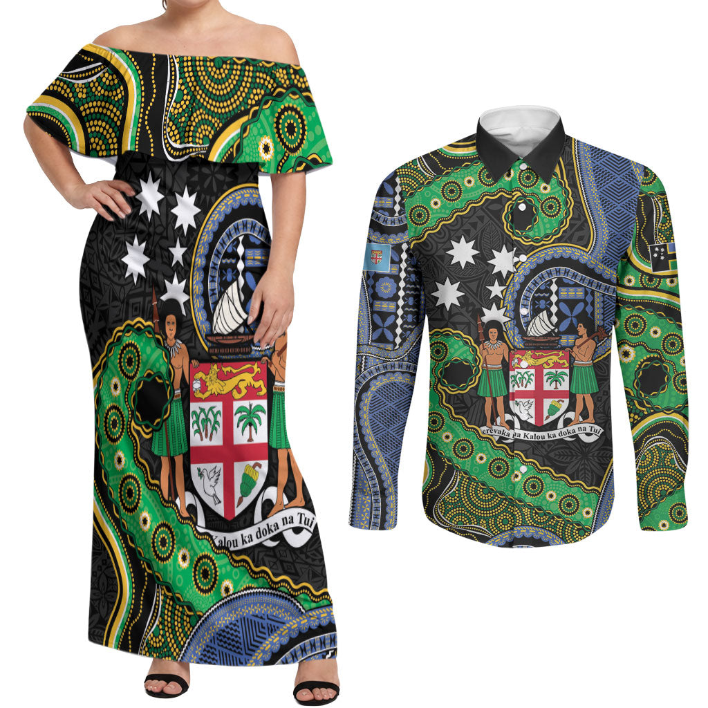 South Sea Islanders And Fiji Couples Matching Off Shoulder Maxi Dress and Long Sleeve Button Shirt Fijian Coat Of Arms And Southern Cross