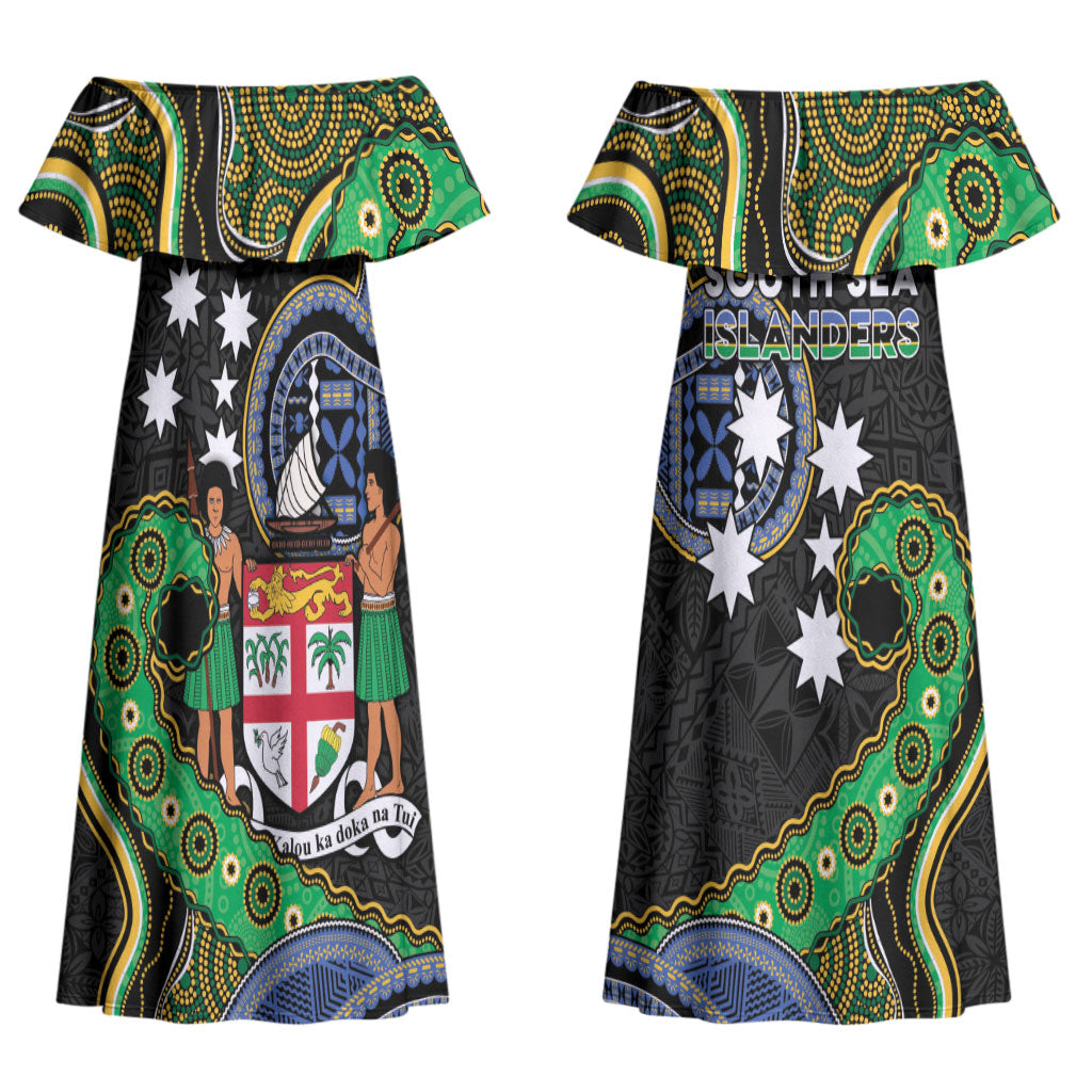 South Sea Islanders And Fiji Couples Matching Off Shoulder Maxi Dress and Long Sleeve Button Shirt Fijian Coat Of Arms And Southern Cross