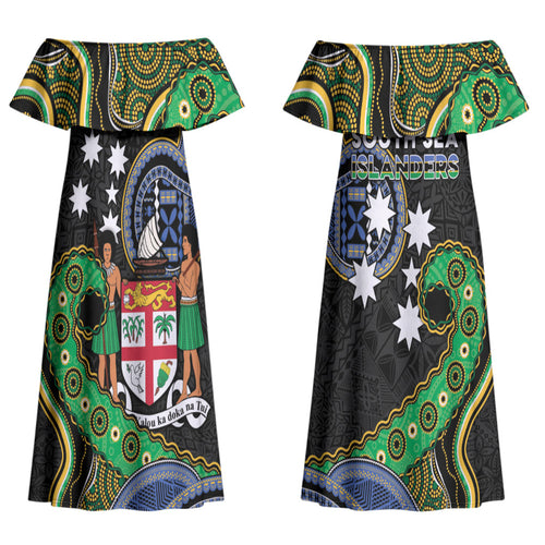 South Sea Islanders And Fiji Couples Matching Off Shoulder Maxi Dress and Long Sleeve Button Shirt Fijian Coat Of Arms And Southern Cross