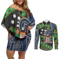 South Sea Islanders And Fiji Couples Matching Off Shoulder Short Dress and Long Sleeve Button Shirt Fijian Coat Of Arms And Southern Cross
