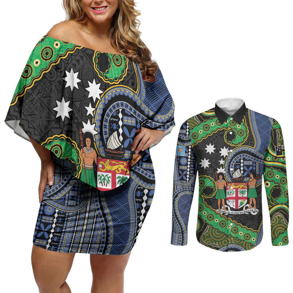 South Sea Islanders And Fiji Couples Matching Off Shoulder Short Dress and Long Sleeve Button Shirt Fijian Coat Of Arms And Southern Cross