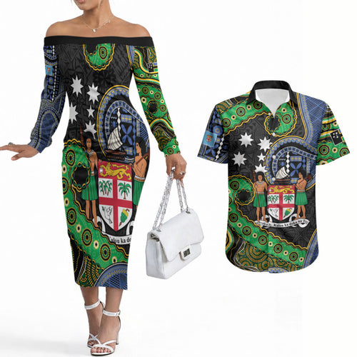 South Sea Islanders And Fiji Couples Matching Off The Shoulder Long Sleeve Dress and Hawaiian Shirt Fijian Coat Of Arms And Southern Cross