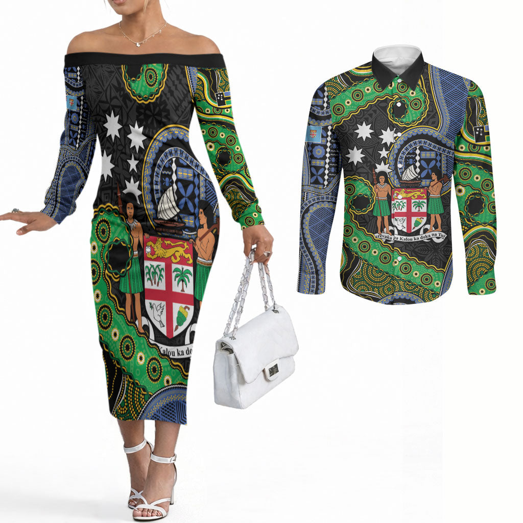 South Sea Islanders And Fiji Couples Matching Off The Shoulder Long Sleeve Dress and Long Sleeve Button Shirt Fijian Coat Of Arms And Southern Cross