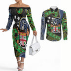 South Sea Islanders And Fiji Couples Matching Off The Shoulder Long Sleeve Dress and Long Sleeve Button Shirt Fijian Coat Of Arms And Southern Cross