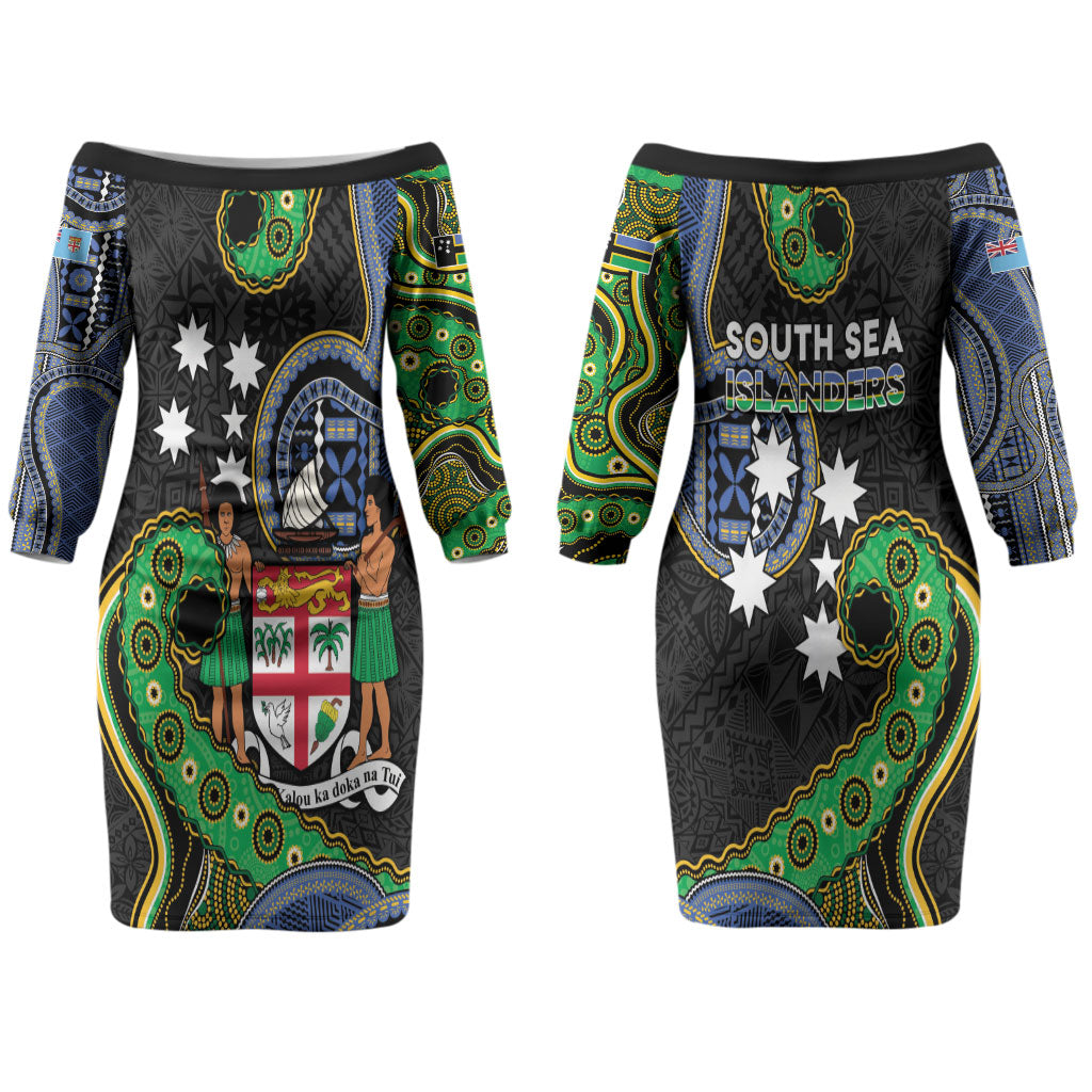 South Sea Islanders And Fiji Couples Matching Off The Shoulder Long Sleeve Dress and Long Sleeve Button Shirt Fijian Coat Of Arms And Southern Cross