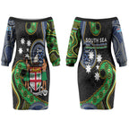South Sea Islanders And Fiji Couples Matching Off The Shoulder Long Sleeve Dress and Long Sleeve Button Shirt Fijian Coat Of Arms And Southern Cross