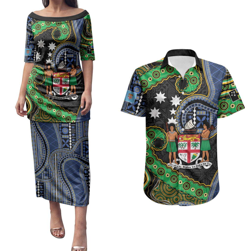 South Sea Islanders And Fiji Couples Matching Puletasi and Hawaiian Shirt Fijian Coat Of Arms And Southern Cross