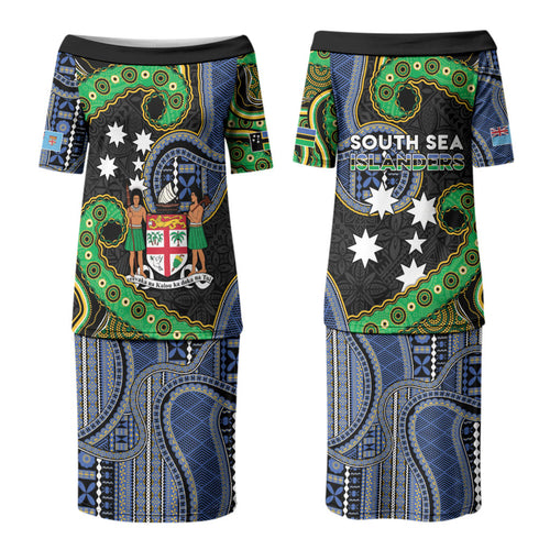 South Sea Islanders And Fiji Couples Matching Puletasi and Hawaiian Shirt Fijian Coat Of Arms And Southern Cross