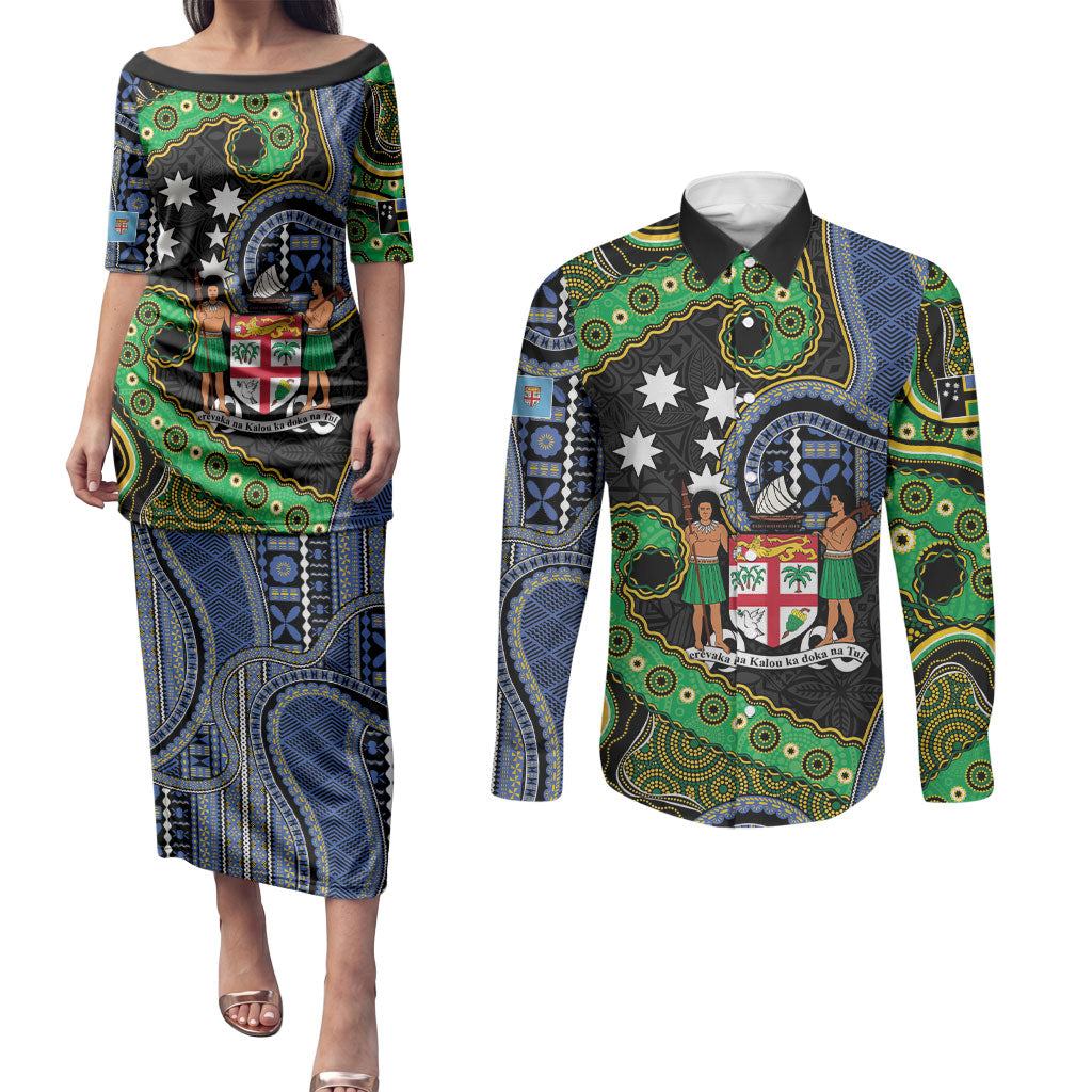 South Sea Islanders And Fiji Couples Matching Puletasi and Long Sleeve Button Shirt Fijian Coat Of Arms And Southern Cross