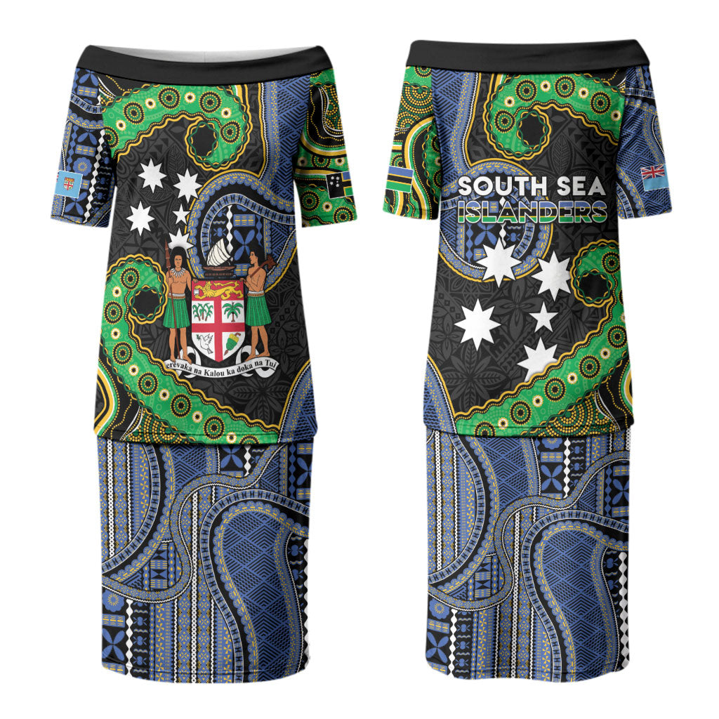 South Sea Islanders And Fiji Couples Matching Puletasi and Long Sleeve Button Shirt Fijian Coat Of Arms And Southern Cross