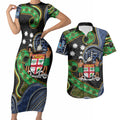 South Sea Islanders And Fiji Couples Matching Short Sleeve Bodycon Dress and Hawaiian Shirt Fijian Coat Of Arms And Southern Cross