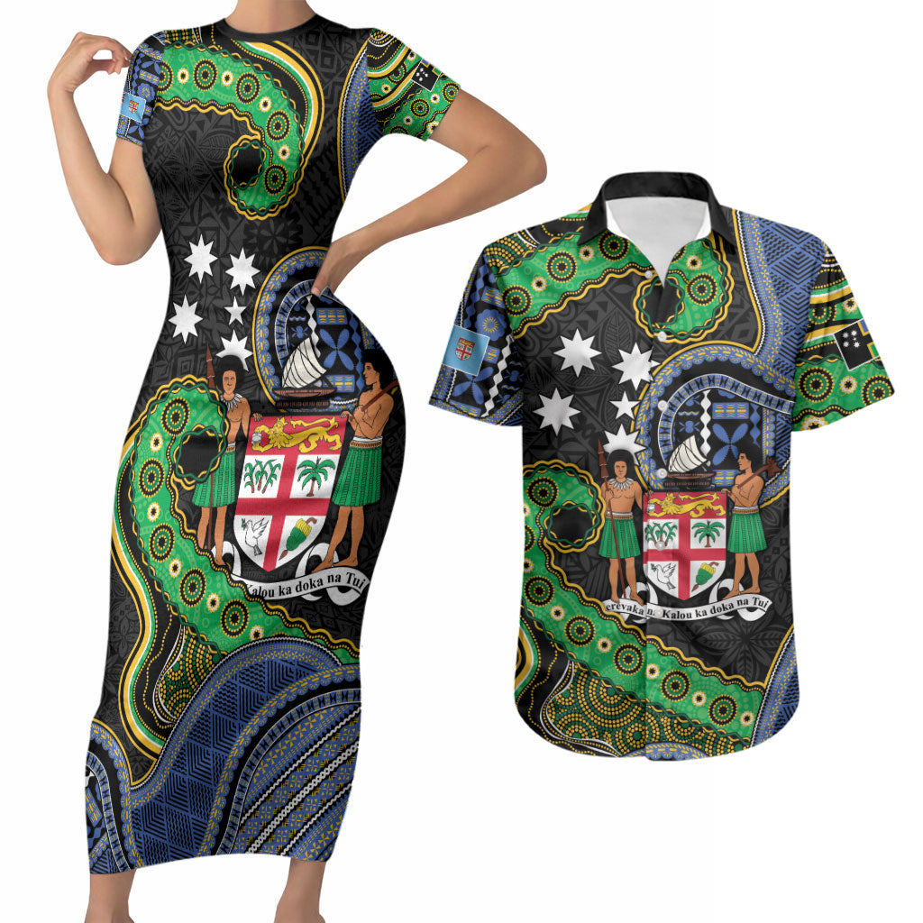 South Sea Islanders And Fiji Couples Matching Short Sleeve Bodycon Dress and Hawaiian Shirt Fijian Coat Of Arms And Southern Cross