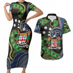 South Sea Islanders And Fiji Couples Matching Short Sleeve Bodycon Dress and Hawaiian Shirt Fijian Coat Of Arms And Southern Cross