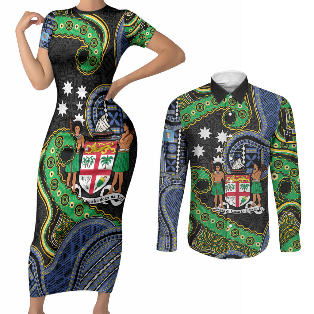South Sea Islanders And Fiji Couples Matching Short Sleeve Bodycon Dress and Long Sleeve Button Shirt Fijian Coat Of Arms And Southern Cross