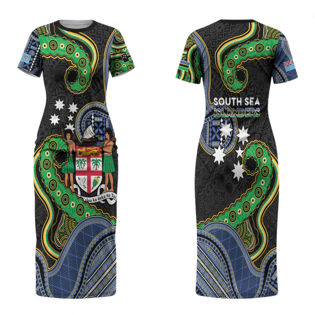 South Sea Islanders And Fiji Couples Matching Short Sleeve Bodycon Dress and Long Sleeve Button Shirt Fijian Coat Of Arms And Southern Cross