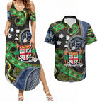 South Sea Islanders And Fiji Couples Matching Summer Maxi Dress and Hawaiian Shirt Fijian Coat Of Arms And Southern Cross