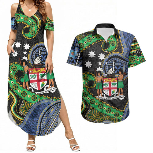 South Sea Islanders And Fiji Couples Matching Summer Maxi Dress and Hawaiian Shirt Fijian Coat Of Arms And Southern Cross
