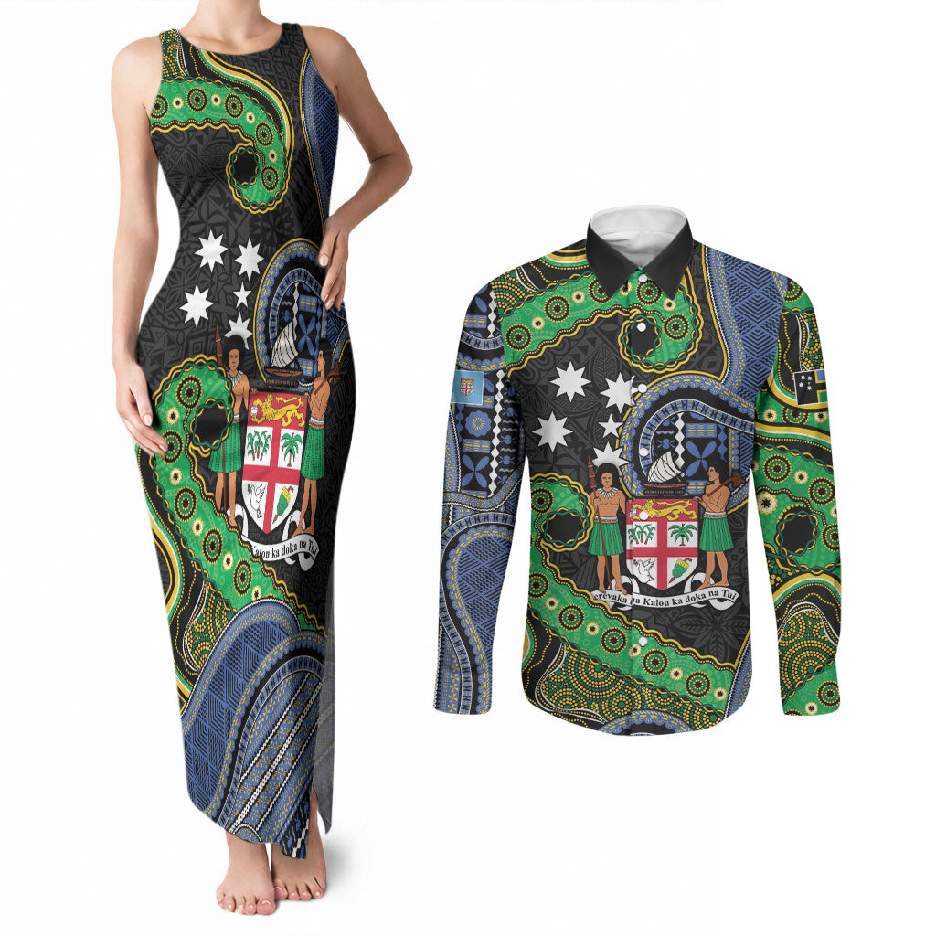 South Sea Islanders And Fiji Couples Matching Tank Maxi Dress and Long Sleeve Button Shirt Fijian Coat Of Arms And Southern Cross